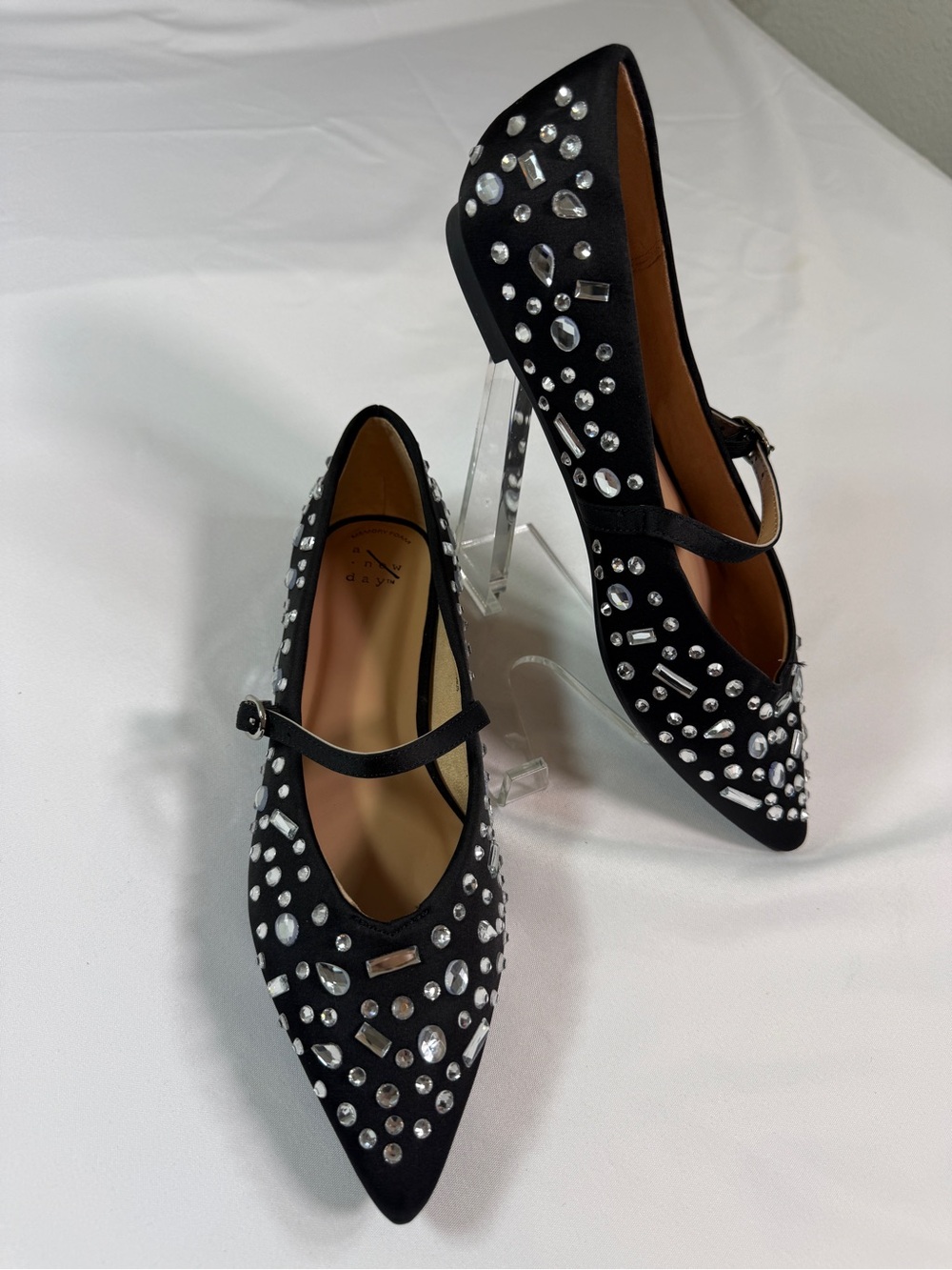 a new day Black Pointed Toe  Mary Jane Flats with Crystal Embellishments